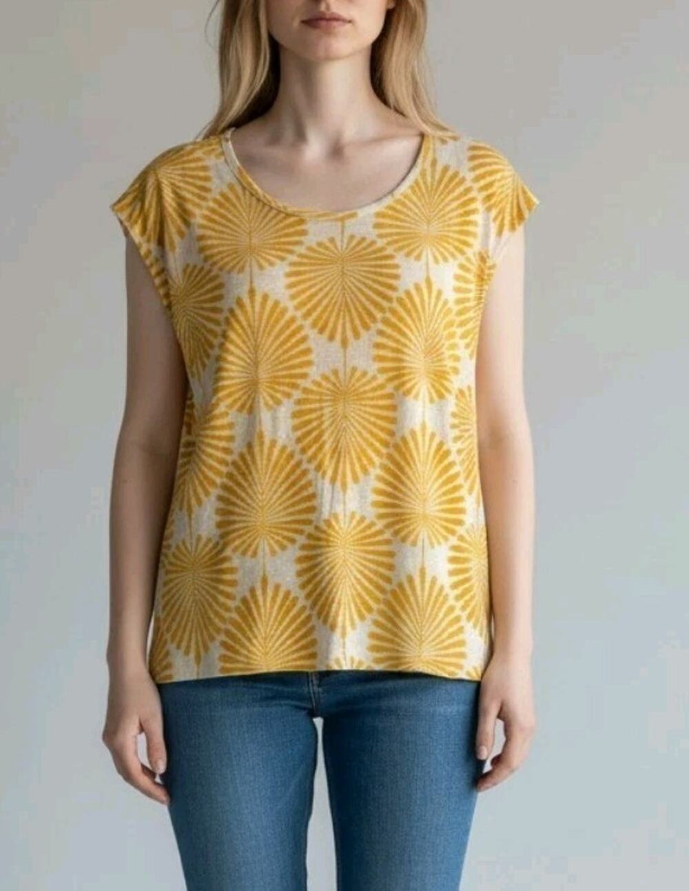 Joie Cap Sleeve Linen Top Yellow White Botanical Print Button Down Back | XL EUC